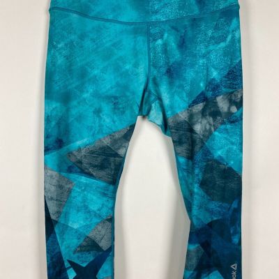 Reebok Women's Capri Leggings Turquoise Wave Geo Printed Mid-Rise Skinny Leg M